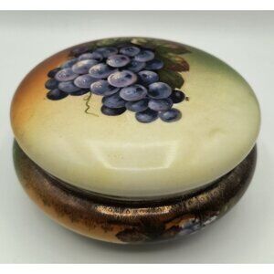 Antique Hand-Painted Porcelain Powder Trinket Box Grape Design & Gold Detailing